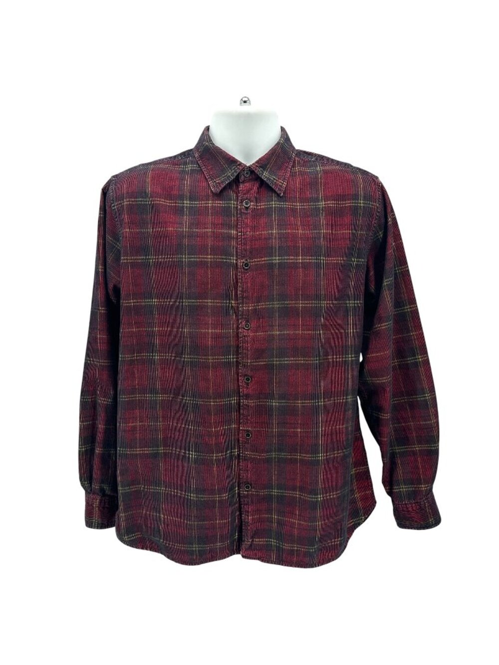 Carbon2Cobalt Mens Large Shirt Plaid Corduroy Red Black Yellow Button Preppy